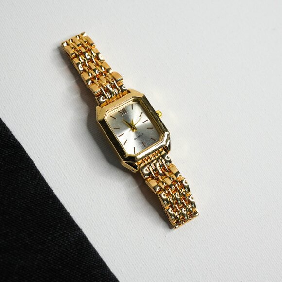 Gold Rectangle Analog Watch White Dial - Picture 11 of 12